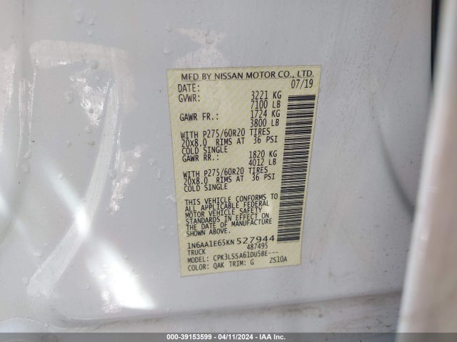 Nissan TITAN SV 2019 1N6AA1E65KN527944 Image 9