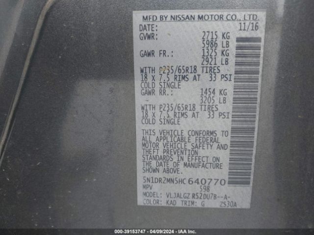 5N1DR2MN5HC640770 Nissan Pathfinder Sl