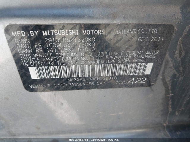 Mitsubishi Mirage De/rf 2015 ML32A3HJ8FH038318 Image 9