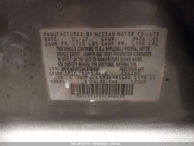 Nissan Versa 1.6 Sv 2017 3N1CN7AP2HL840432 Image 9