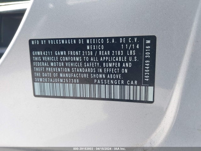 Volkswagen Jetta 2.0l S 2015 3VW2K7AJ0FM257388 Image 9