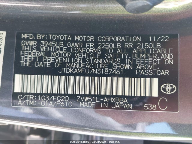 Toyota Prius L 2022 JTDKAMFU7N3187461 Image 9