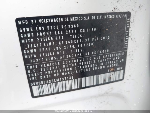 3VV3B7AX3LM137139 Volkswagen Tiguan 2.0t Se/2.0t Se R-line Black/2.0t Sel