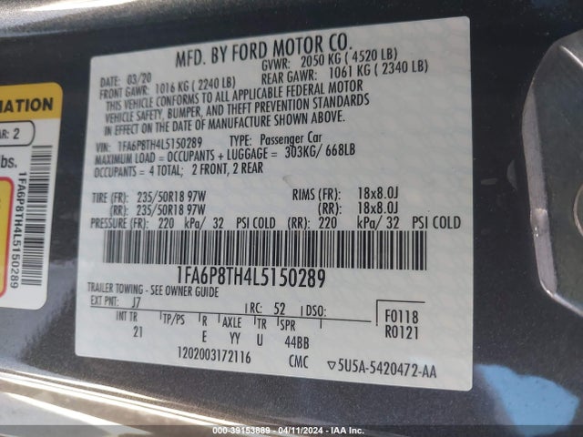 Ford Mustang Ecoboost Fastback 2020 1FA6P8TH4L5150289 Image 9