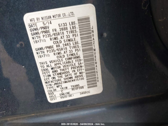 Nissan MURANO SL 2014 JN8AZ1MU9EW415100 Image 9