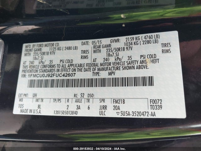 Ford Escape Titanium 2015 1FMCU0J92FUC42607 Image 9