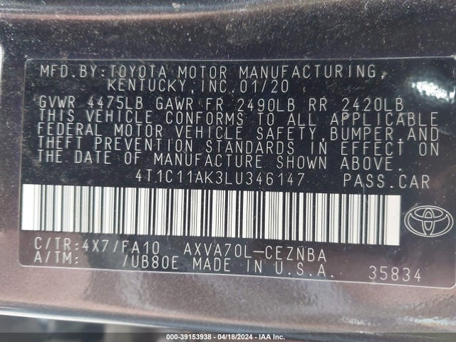Toyota CAMRY LE 2020 4T1C11AK3LU346147 Image 9
