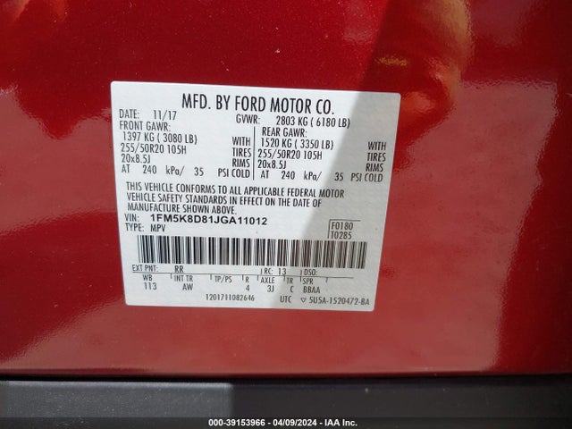 Ford EXPLORER XLT 2018 1FM5K8D81JGA11012 Image 9