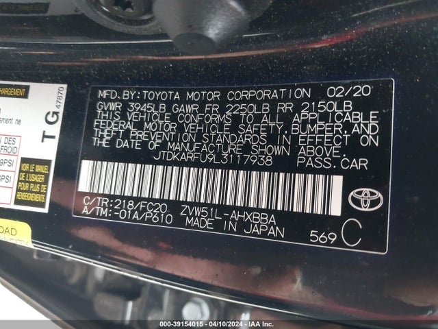 Toyota Prius L Eco 2020 JTDKARFU9L3117938 Image 9