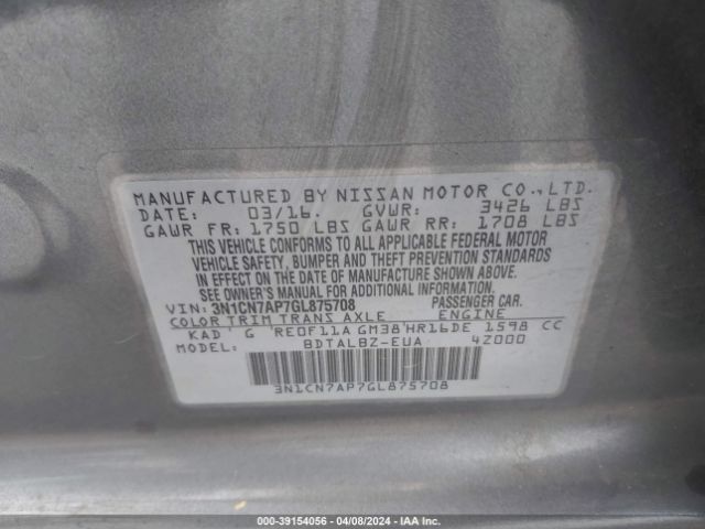 3N1CN7AP7GL875708 Nissan Versa 1.6 S/1.6 S+/1.6 Sl/1.6 Sv