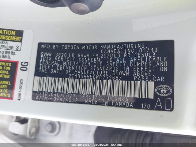 Toyota COROLLA LE 2019 2T1BURHE0KC232687 Image 9