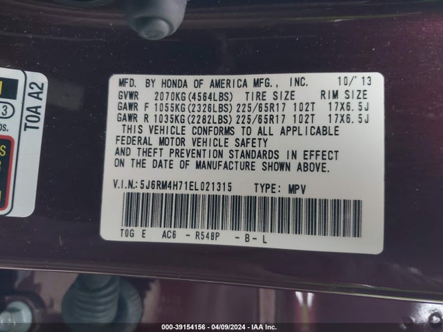 Honda Cr-v Ex-l 2014 5J6RM4H71EL021315 Image 9