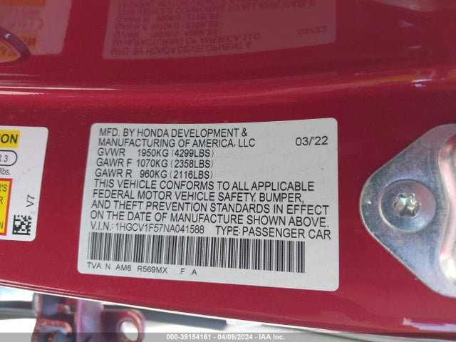 Honda Accord Ex-l 2022 1HGCV1F57NA041588 Image 9