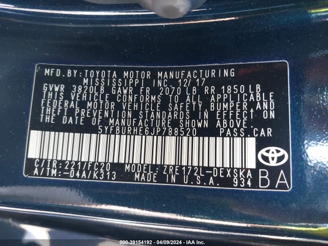 Toyota COROLLA SE 2018 5YFBURHE6JP788520 Image 9