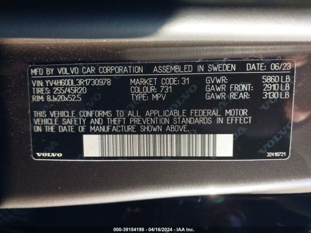 YV4H60DL3R1730978 Volvo Xc60 Recharge Plug-in Hybrid T8 Plus Dark Theme