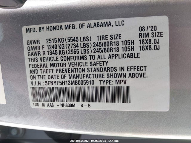 Honda Pilot 2wd Lx 2021 5FNYF5H13MB005910 Image 9
