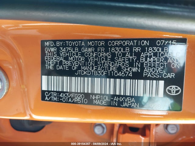Toyota Prius C Two 2015 JTDKDTB30F1104674 Image 9