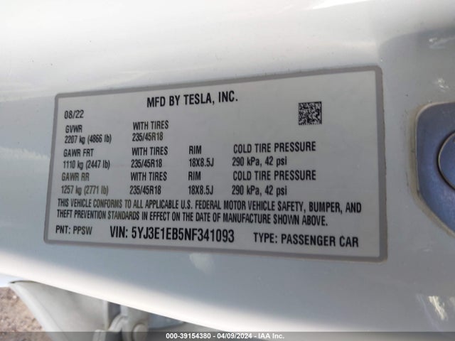 Tesla Model 3 Long Range Dual Motor All-wheel Drive 2022 5YJ3E1EB5NF341093 Image 9