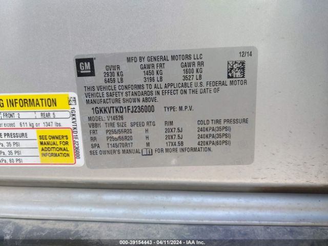 1GKKVTKD1FJ236000 GMC Acadia Denali