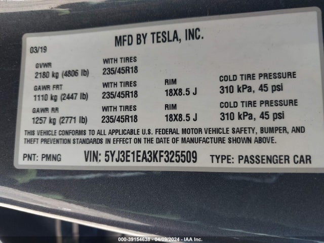 Tesla Model 3 Long Range/mid Range/standard Range/standard Range Plus 2019 5YJ3E1EA3KF325509 Image 9