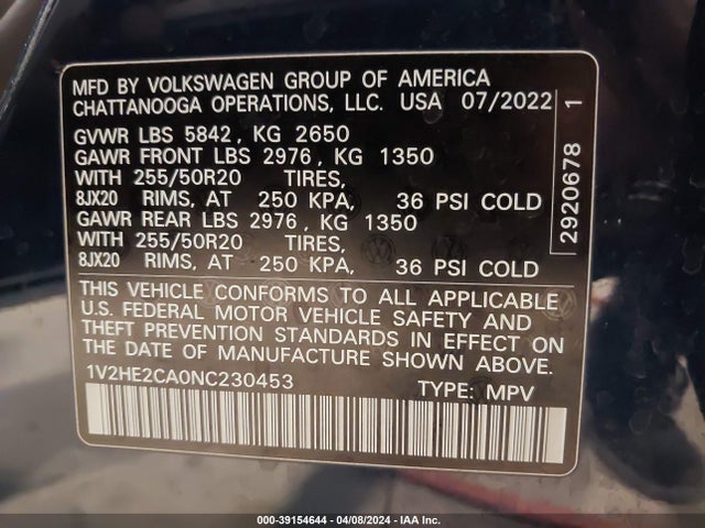 1V2HE2CA0NC230453 Volkswagen Atlas Cross Sport 3.6l V6 Se W/technology