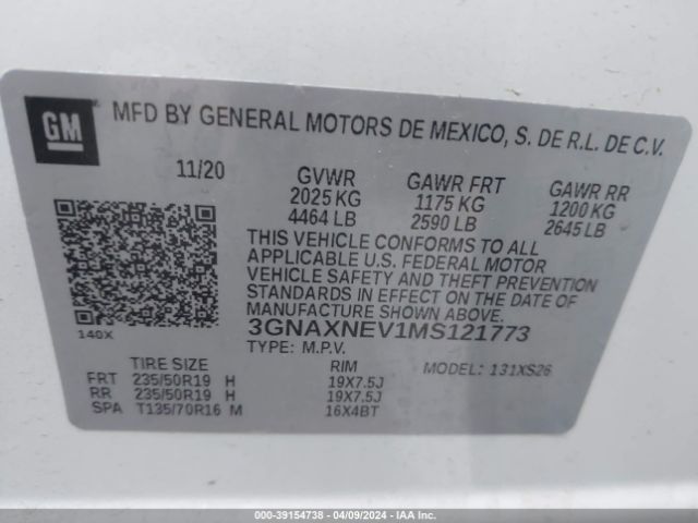 3GNAXNEV1MS121773 Chevrolet Equinox Fwd Premier