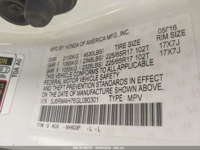 5J6RM4H76GL080301 Honda Cr-v Ex-l