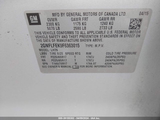 Chevrolet EQUINOX 1LT 2015 2GNFLFEK9F6363015 Image 9