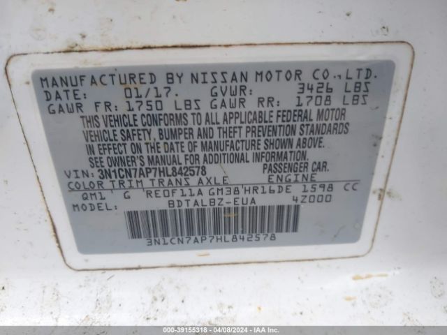 3N1CN7AP7HL842578 Nissan Versa 1.6 Sv