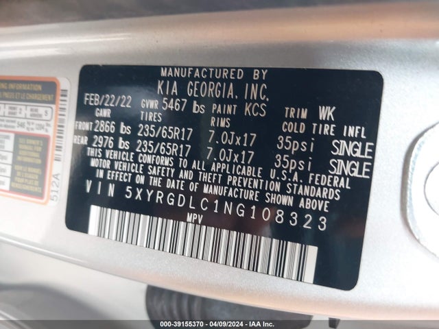 KIA SORENTO LX 2022 5XYRGDLC1NG108323 Image 9