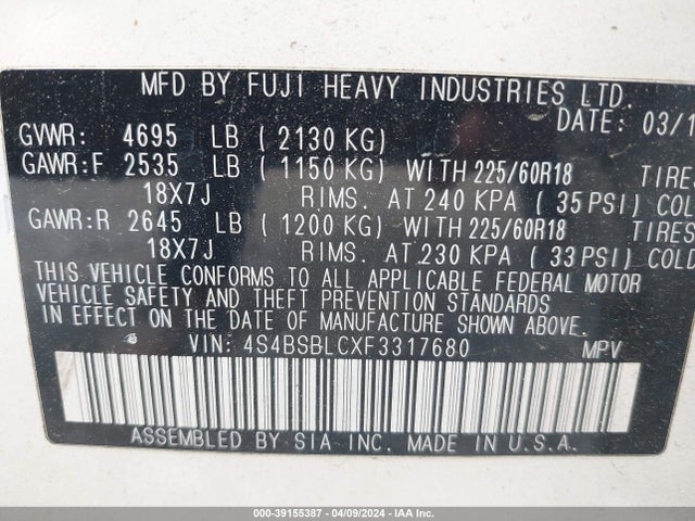 Subaru Outback 2.5i Limited 2015 4S4BSBLCXF3317680 Image 9
