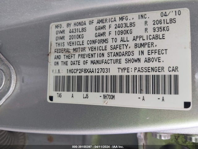 Aukcja sprzedaży 2010 Honda Accord 2.4 Ex-l, vin: 1HGCP2F8XAA127031, numer aukcji: 39155397