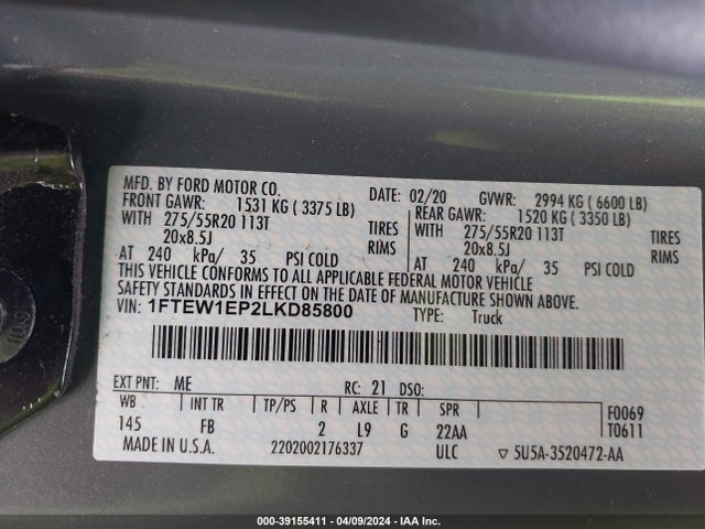Ford F-150 Xlt 2020 1FTEW1EP2LKD85800 Image 9