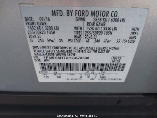 1FM5K8HTXHGA78698 Ford Explorer Platinum