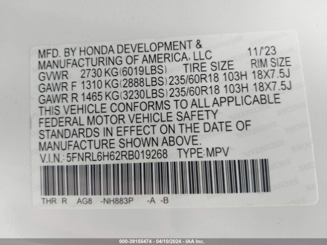 2024 HONDA ODYSSEY 5FNRL6H62RB019268 Photo 8