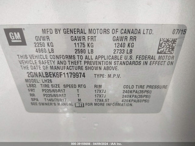 Chevrolet EQUINOX 1LT 2015 2GNALBEK6F1179974 Image 9