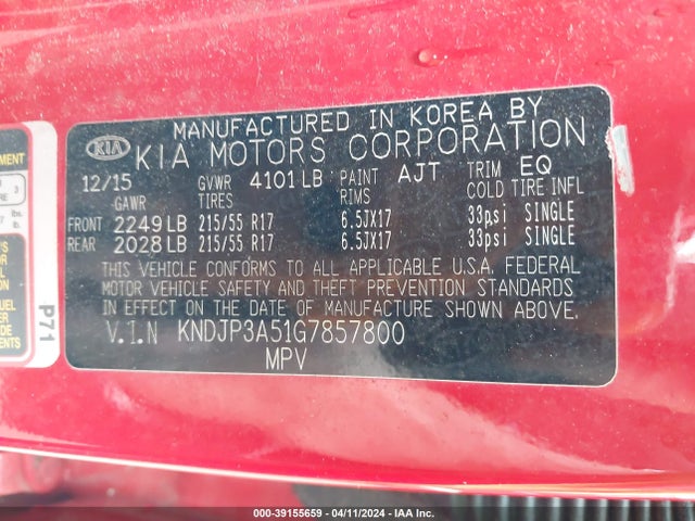 KIA SOUL + 2016 KNDJP3A51G7857800 Image 9