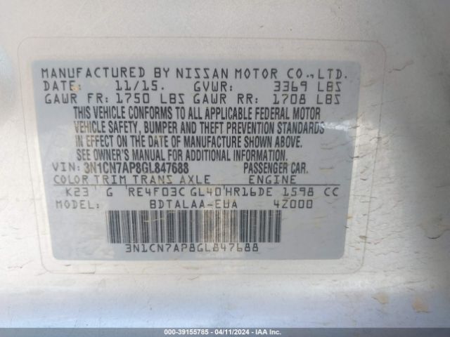 3N1CN7AP8GL847688 Nissan Versa 1.6 S