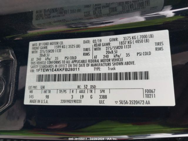 1FTEW1E4XKFB28011 Ford F-150 Platinum
