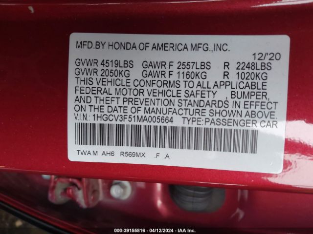 1HGCV3F51MA005664 Honda Accord Hybrid Ex-l