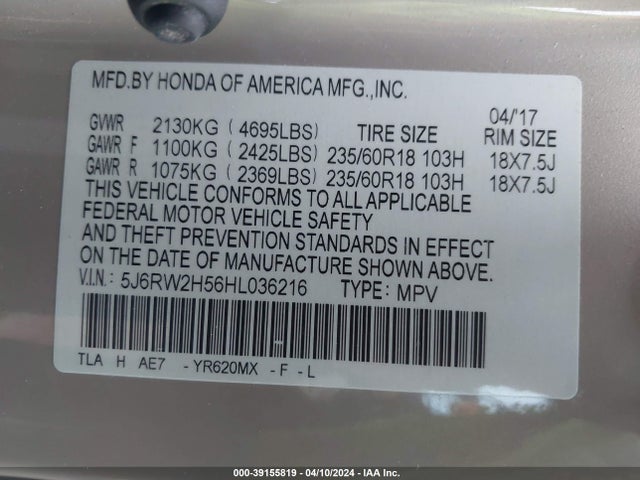 Honda CR-V EX 2017 5J6RW2H56HL036216 Image 9