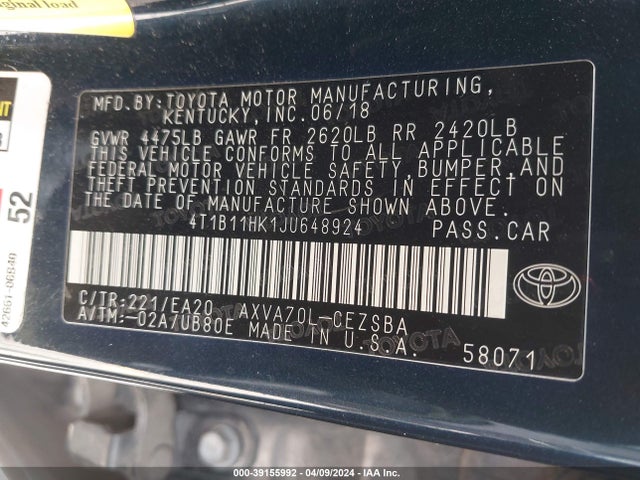 Toyota CAMRY SE 2018 4T1B11HK1JU648924 Image 9