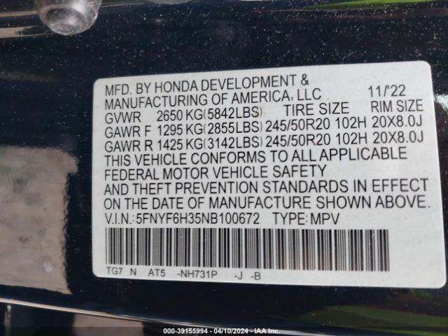 5FNYF6H35NB100672 Honda Pilot Awd Sport