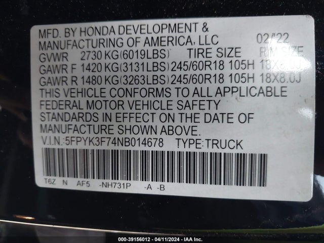 Honda Ridgeline Rtl-e 2022 5FPYK3F74NB014678 Image 9