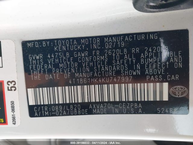 4T1B61HK4KU747997 Toyota CAMRY XSE