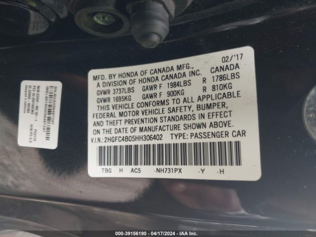 2HGFC4B05HH306402 Honda Civic Lx-p