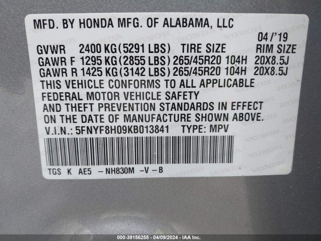 Honda Passport Elite 2019 5FNYF8H09KB013841 Image 9