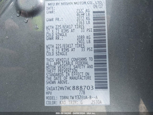 Nissan ROGUE SV 2017 5N1AT2MV7HC888703 Image 9