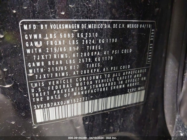 3VV2B7AX0JM152271 Volkswagen Tiguan 2.0t Se/2.0t Sel