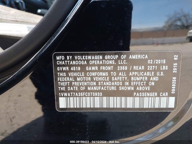 Volkswagen PASSAT S 2015 1VWAT7A35FC073933 Image 9